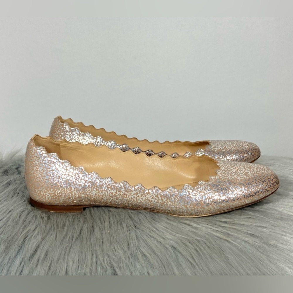 Chloe Lauren Scalloped Metallic Cracked Leather Ballet Flats